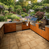 Cuisine extérieure en acier inoxydable à texture métallique ODM, moderne, personnalisable, ignifuge, pour jardin