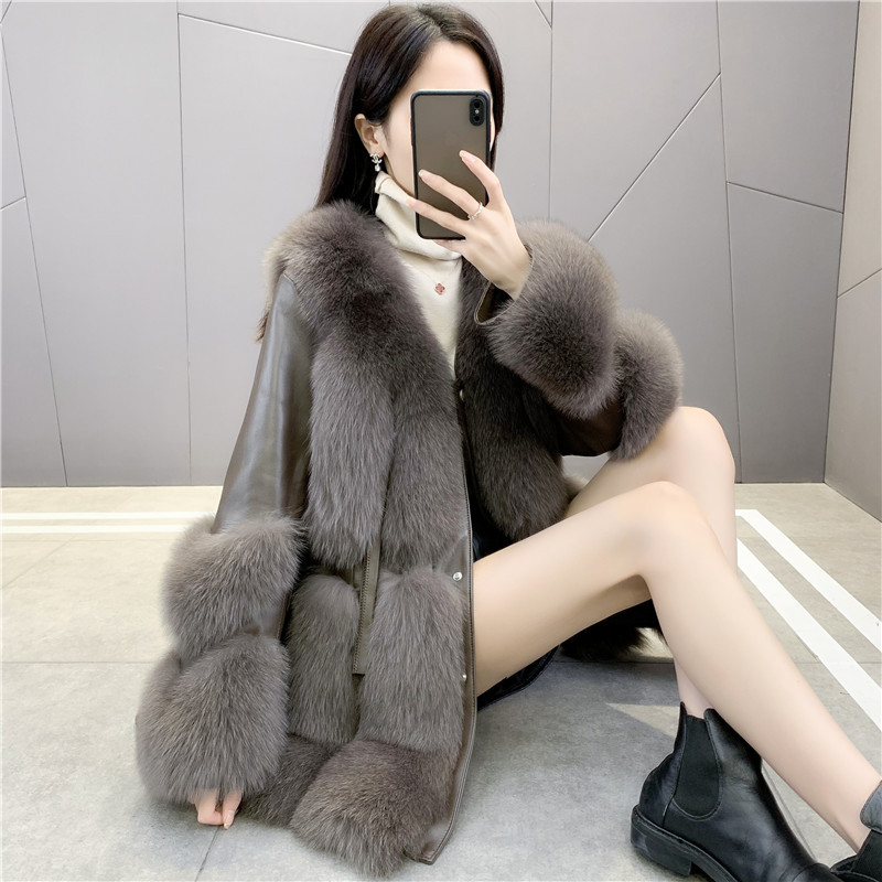 Windproof Genuine Sheepskin Luxury Winter Bomber Leather Jacket Fashion Real Fluffy Fox Fur Coats For Ladies