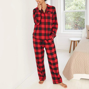 HUOYOUNG Nieuwe collectie flanel geruite overhemden met lange mouwen Familie kerstpyjama mama en ik decoratie nachtjapon tweedelige set - Product Image 1