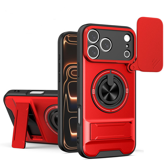 Armor Push-pull Camera holder Phone case for iPhone 17 16 15 14 Pro Max Magnetic Lens stand Shockproof Bracket Ring back Cover