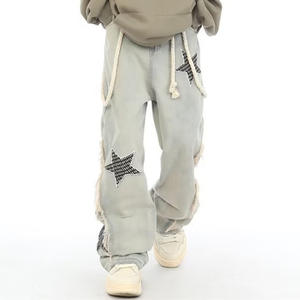 Lace-up Raw Edge Mid Waist <strong>Rockstar</strong> Jeans Men Designer Baggy Jeans Stars Trousers Wholesale Custom Denim OEM Straight Knitted - Product Image 2