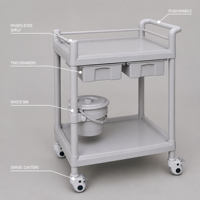 Chariot médical mobile en plastique ABS avec 2 tiroirs, étagère latérale, roulettes, classe I, capacité de charge de 100 kg, hôpital