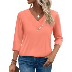 FOXA Women's V Neck 3/4 Sleeve Button <b>Down</b> Shirt Casual Everyday Wear Poplin Fabric Wrap And Tie Design - Product Image 3
