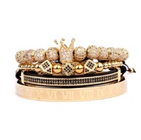Juego de Pulseras de Lujo para Hombre, Estilo Hip Hop, 4 Piezas, Acero Inoxidable, Números Romanos, Micro Pavé, Corona, Cuentas, Regalo para Hombre