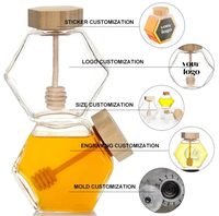 100ml/220ml/380ml 육각형 유리 꿀병 금속 밀봉 뚜껑과 나무 스푼 젓는 막대가 포함된 포장