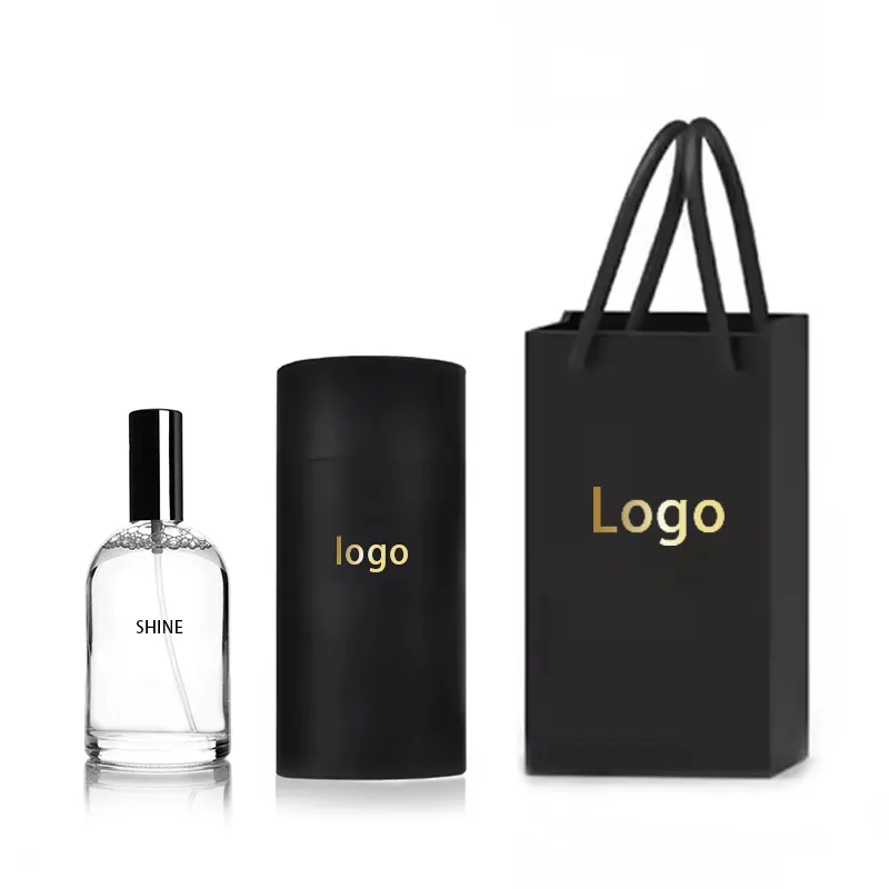 Grosir pesanan khusus mewah Logo bulat bening 30ml 50ml 100ml semprotan Crimp botol parfum kaca kosong dengan kotak