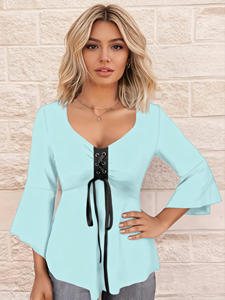 <b>SWEET</b> BABE Women V-neck Lace Bell Sleeve Plaid Printed Shirt Asymmetrical Hem Eco-Friendly Spring/Autumn Daily Wear - Product Image 2