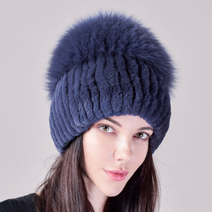 Gorro de Piel de Conejo Rex Auténtica, Gorro de <span class=keywords><strong>Paja</strong></span> con Piel de Zorro, Gorro de Punto Cálido y Grueso, Gorro Baotou de Felpa para Mujer, Gorros de Moda para Otoño e Invierno - Product Image 2