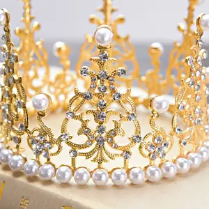 Crown Tiara Cake Topper Crystal Pearl Children Hair Ornaments For Wedding Birthday Party Cake Decoration Gold And Silver Color