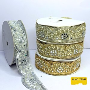 Garniture de bordure dorée de créateur de dentelle de broderie florale de fil multicolore de qualité supérieure sur mesure pour la mode de mariage et de couture - Product Image 4