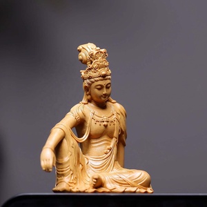 งานแกะสลักเทพีกวนอิมแบบวินเทจ ทำจากไม้บ็อกซ์วูด แกะสลักด้วยมือ รูปปั้นพระโพธิสัตว์กวนอิมในท่าพักผ่อนสง่างาม เหมาะสำหรับตกแต่งสวนกลางแจ้ง - Product Image 3