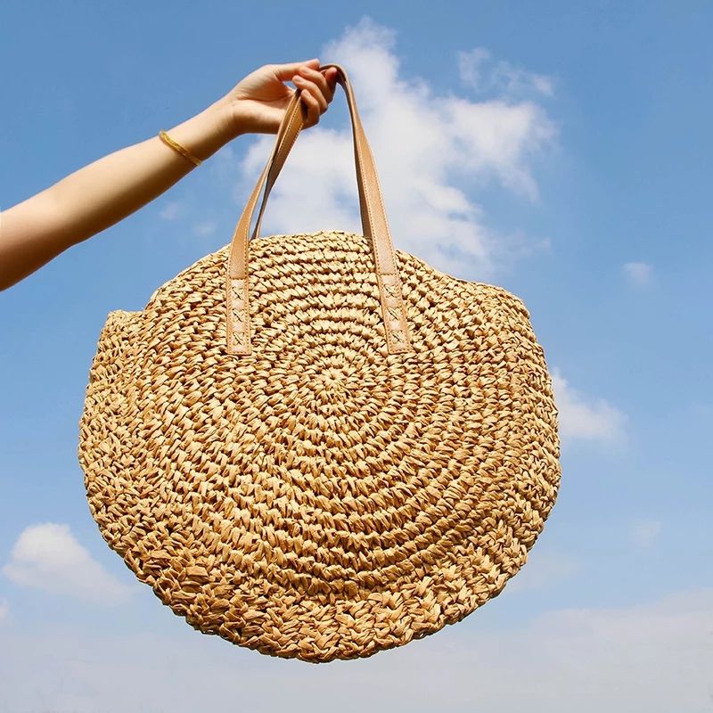 Round Straw Beach Bag Vintage Handmade Woven Shoulder Bag Summer - Main Image