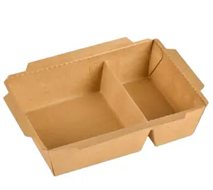 Disposable 700 900 1200 1600 2100ML Two Compartments Kraft Paper Salad Box With Plastic Lid