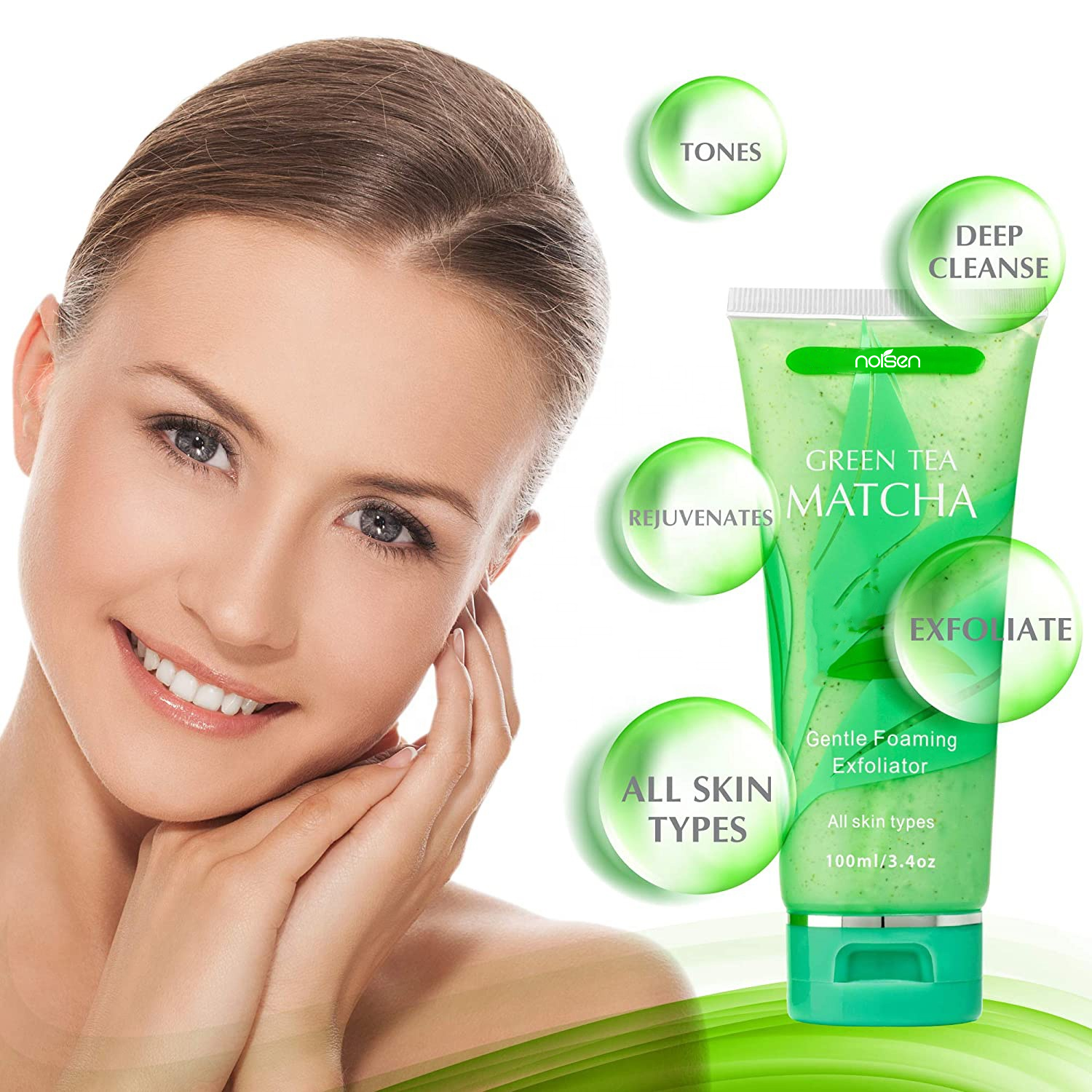 Private Label Green Tea Gentle Exfoliating Cleanser Gentle Foaming Face Skin Care Scrub Cleanser