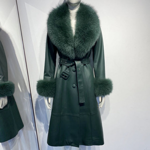 Nuovo Cappotto in Vera <span class=keywords><strong>Pelle</strong></span> da Donna per l'Autunno con Collo in Pelliccia di Volpe, Elegante Cappotto in <span class=keywords><strong>Pelle</strong></span> per Signore - Product Image 3