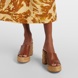 Sandales à talons hauts épais en paille tressée, plateforme épaisse, bout carré ouvert, pour femmes, style mules à talons - Product Image 1