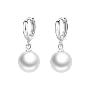 Small Stainless Steel Hinge Hoop Earrings with 10MM High Quality Dangling Imitation Pearl Earrings