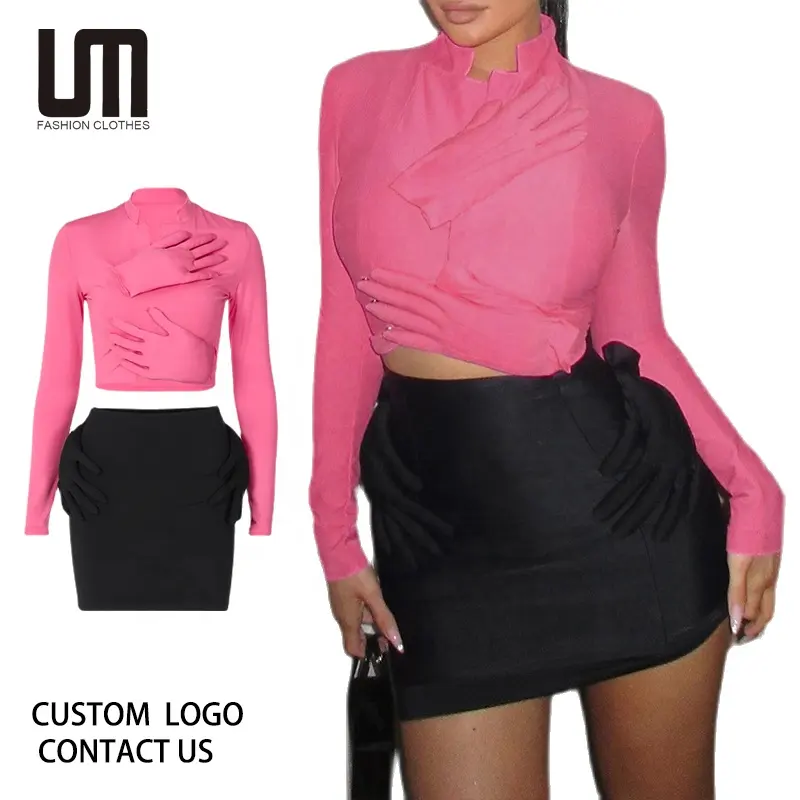 Liu Ming 2022 Fall Women Streetwear Long Sleeves V Neck Patchwork Irregular Crop Top Skirt 2 Piece Set