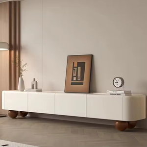 Meuble TV moderne en bois massif avec plateau en pierre de style crème, blanc, personnalisable pour salon - Product Image 5