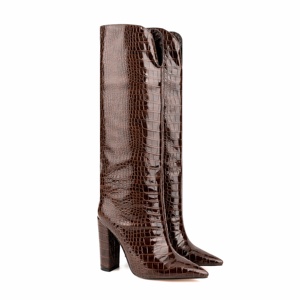 <span class=keywords><strong>Stivali</strong></span> alti al ginocchio con tacco alto a punta occidentale da <span class=keywords><strong>donna</strong></span> marrone Croc fatti a mano in inverno con Slip on scarpe da equitazione - Product Image 3