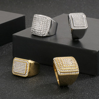 Bague Rétro pour Hommes Hip Hop Full Rhinestone Paved Bling Iced Geometric Square Finger Ring Korean Men Rings Rapper Steel Jewelry