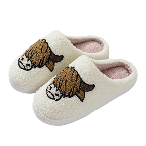 In cao nguyên gia súc bò Dép Fluffy nhà <span class=keywords><strong>Slide</strong></span> Dép unisex ấm cúng Womens bông động vật dép - Product Image 1