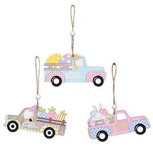 Letrero de puerta colgante de feliz Pascua, camión americano de madera, etiqueta de madera, camión de Gnomo, colgador de puerta de madera para regalo festivo de decoración del hogar - Product Image 1