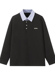 Sudadera Holgada con Cuello Camisero Pintado a Mano de Dos Piezas Falsas, con Costuras Decorativas, para Hombre, Primavera-Otoño, Estilo Moderno - Product Image 6