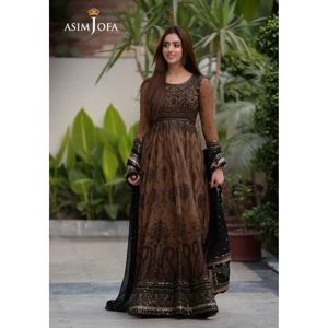 Maxi Vestido de Gasa Marrón Oscuro Exclusivo con Dupatta de Gasa |   3 piezas sin coser - Product Image 1