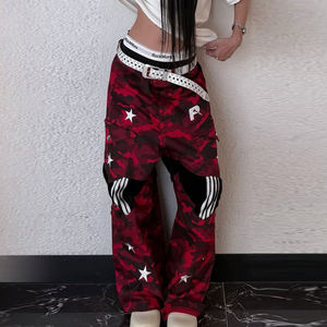 <b>Women</b> <b>Red</b> Camouflage Print Mid Waist Cargo Pants Loose Fit Straight Leg Casual Street Style <b>Trousers</b> - Product Image 1