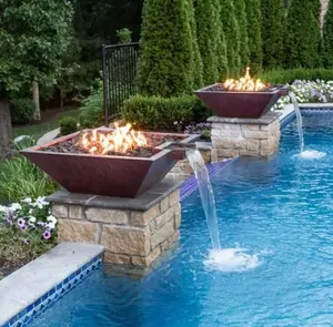 Water Feature Corten Steel Waterfall Outdoor Heaters Gas Fire Pit Water Bowl For Swimming