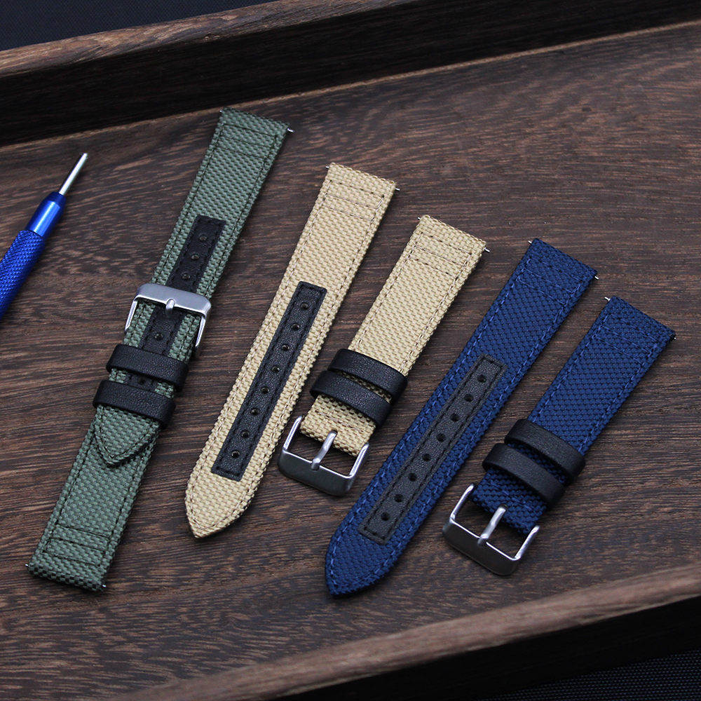 20mm Luxury Two Piece Watchband Quick Release Leather + Fabric Canvas Cordura Watch Straps Khaki Green Wrist Band