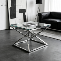 Table basse carrée moderne en verre, base géométrique en acier inoxydable poli de luxe, table centrale pour salon, table à thé
