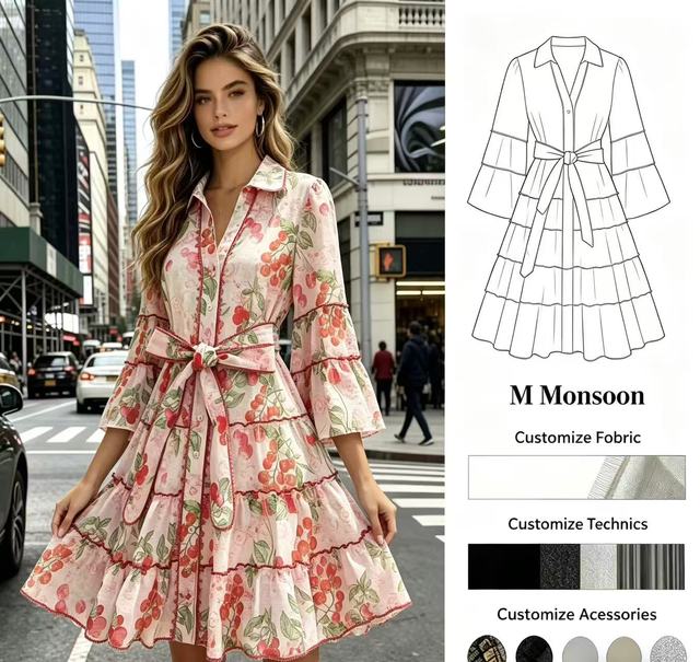 2026 French Cherry Printed Maxi Sweet Casual Acetate Assorted Shirt Dress with Flared Sleeves A-Shaped Cake Skirt