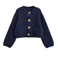 Kardigan Rajut Wanita Model Vintage Lengan Panjang Kancing Besar Kasual, Sweater Rajut Jarum Tebal untuk Wanita