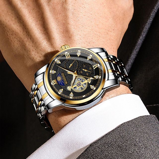 Men Automatic Mechanical Watch Moon Phase Display Skeleton Hollow Dial Luminous Stainless Steel Business Wrist Watch