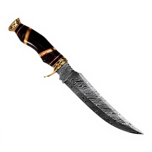 Cuchillo de caza hecho a mano con hoja de acero de Damasco, mango negro y dorado, hoja afilada para uso en exteriores. - Product Image 1