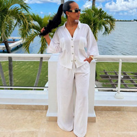 Ensemble deux pièces pour femmes africaines, grande taille, coupe décontractée, chemisier blanc, manches trois-quarts, revers crantés, boutons, décontracté