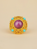 Bague Unisexe Vintage en Argent Sterling 925 Plaqué Or, Motif Pièce de Monnaie Filigranée Creuse, Grande Pierre Rouge Porte-Bonheur Feng Shui – Vente en Gros