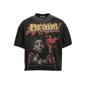 تي شيرت غسول حمضي بحافة خام تي شيرت ثقيل جي إس إم تي شيرت متوتر تيري تي شيرت DTG حجر الراين مع محبوك - Product Image 2