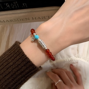 Red Agate <b>Beaded</b> <b>Bracelet</b> With Turquoise And 999 Pure Silver Charm For Women Chinese Style Jewelry Everyday Wear - Product Image 2