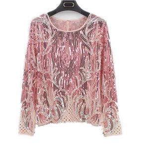 Camicette di t-shirt con paillettes ricamate a maniche lunghe con perline da donna - Product Image 4