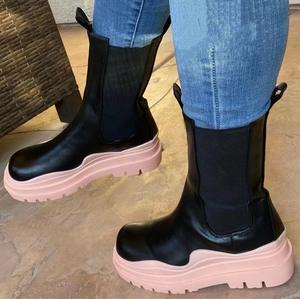 Sepatu bot pendek Chelsea wanita, Kasut tinggi sol tebal hitam kulit Chunky untuk perempuan Anti slip - Product Image 2
