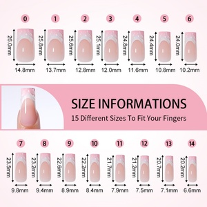 Faux ongles de luxe à presser, carrés moyens, couvrance totale, faits main, avec fleurs 3D et strass, style French en gel - Product Image 5