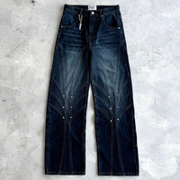 Jean en denim délavé coupe droite taille haute style vintage hip-hop streetwear, personnalisé par le fabricant, pour l'automne, avec boutons effet usé