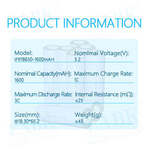 Yüksek Deşarj Oranlı IFR18650 1600mAh Lityum Pil 18650 1600mAh 3.2V Lifepo4 Hücre İHA için Silindirik Lityum İyon Piller - Product Image 2