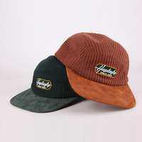 Casquette de camping unisexe 5 panneaux rétro streetwear hip-hop en velours côtelé bicolore et faux daim, visière plate, personnalisable en gros
