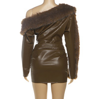 Neue Herbst- und Wintermode für Damen: Sexy Schulterfreies Leder-Kleid mit Raffungen und Bodycon-Schnitt