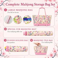 Set Tas Mahjong Mewah 4 Buah dengan Kain Oxford, Rak Ubin Mahjong Amerika, Alas Desain Bunga Pink untuk Pesta & Perjalanan