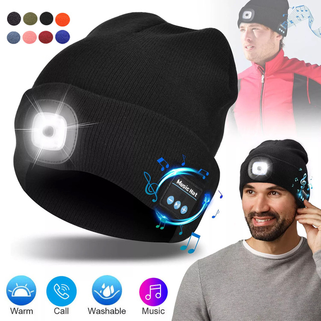 Multiuse Winter Sports Warm Skull Caps and Woo With LED Headlamp Bluetooth 5.0 Wireless Knitted Music Beanie Hats for Men Women
